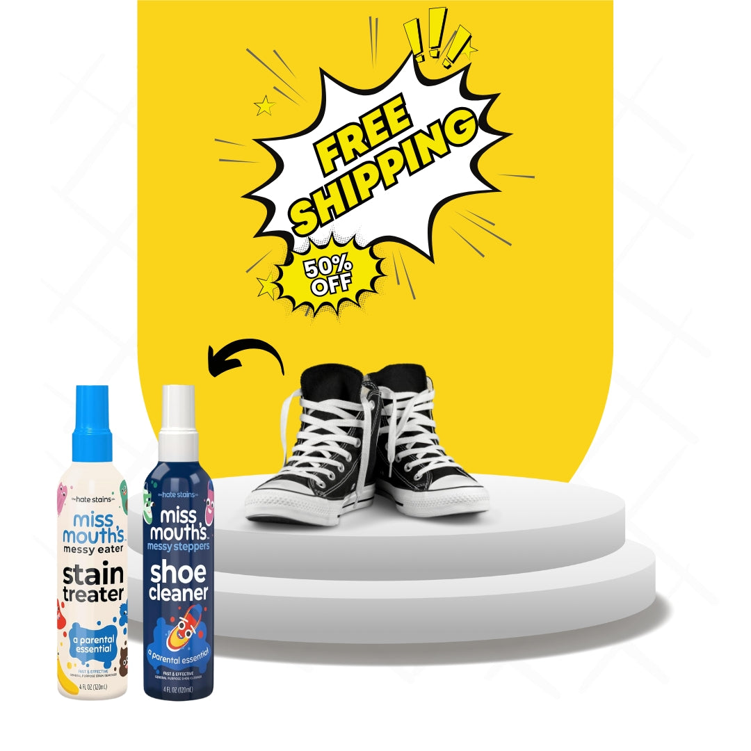 Miss Mouth's Messy Eater + Messy Steppers Magic Duo 🧼✨ Stain Remover + Shoe Cleaner Combo 👕🛋️🧦 Cleans Clothes, Carpet & Upholstery 👟🥿🧵 Shoe Cleaner for Sneakers, Leather, Cloth & Mesh 💥 Tough on Messes, Gentle on Everything Else