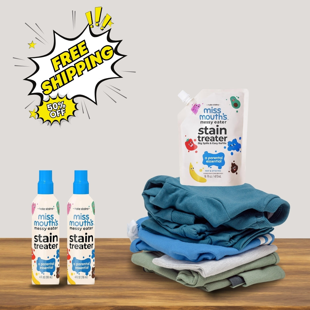 🍼 Miss Mouth’s Messy Eater Stain Treater Refill Ready Kit – 2 Pack Spray 🧴🧴 + 16oz Refill Pouch ♻️ | Stain Remover ✨ for Newborn & Baby Essentials 👶 | Removes Food 🍓, Grease 🍔, Coffee ☕ from Laundry 👕, Underwear 👙 & Fabric 🧺 – No Dry Cleaning Needed 🚫🧼
